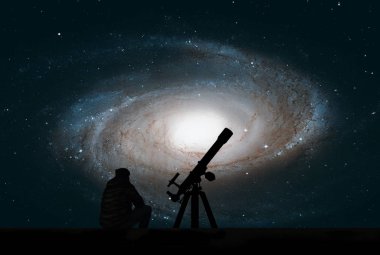 Man with telescope looking at the stars. Bode's Galaxy, M81 clipart