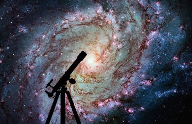 Space background with silhouette of telescope. Messier 83 clipart