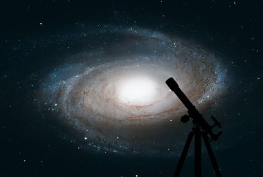 Uzay Teleskobu silueti ile arka plan. İşaret'ın Galaxy, M81