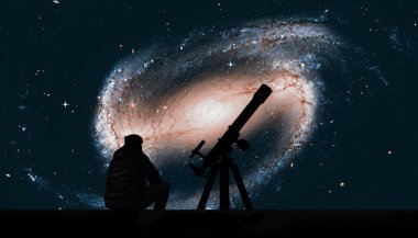 Man with telescope looking at the stars. Spiral galaxy clipart