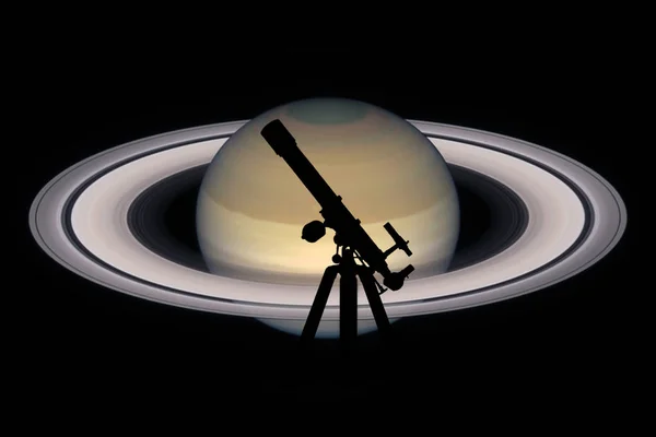 Tło z sylwetka teleskopu. Saturn planet — Zdjęcie stockowe