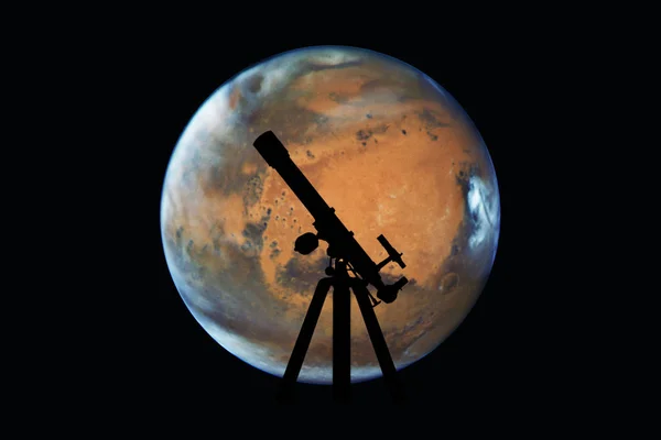 Uzay Teleskobu silueti ile arka plan. Mars gezegeni — Stok fotoğraf