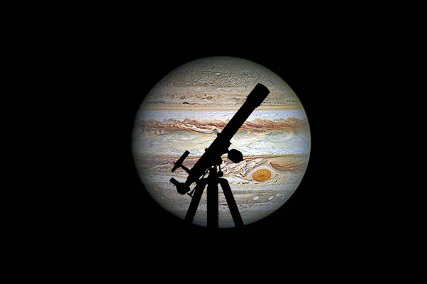 Helyet a háttér távcső sziluettje. Jupiter-bolygó — Stock Fotó