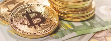 Altın bitcoin Euro arka plan. Bitcoin cryptocurrency.
