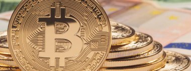 Altın bitcoin Euro arka plan. Bitcoin cryptocurrency.