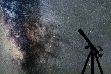 Teleskop, yıldızlı gökyüzü, Samanyolu silüeti