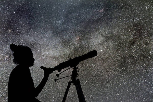 Woman looking at the stars with telescope beside her