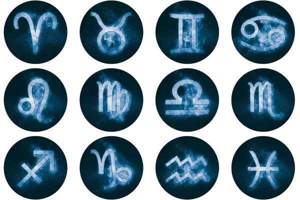 十二生肖的按钮。组的星座符号，占星术图标 — 图库照片