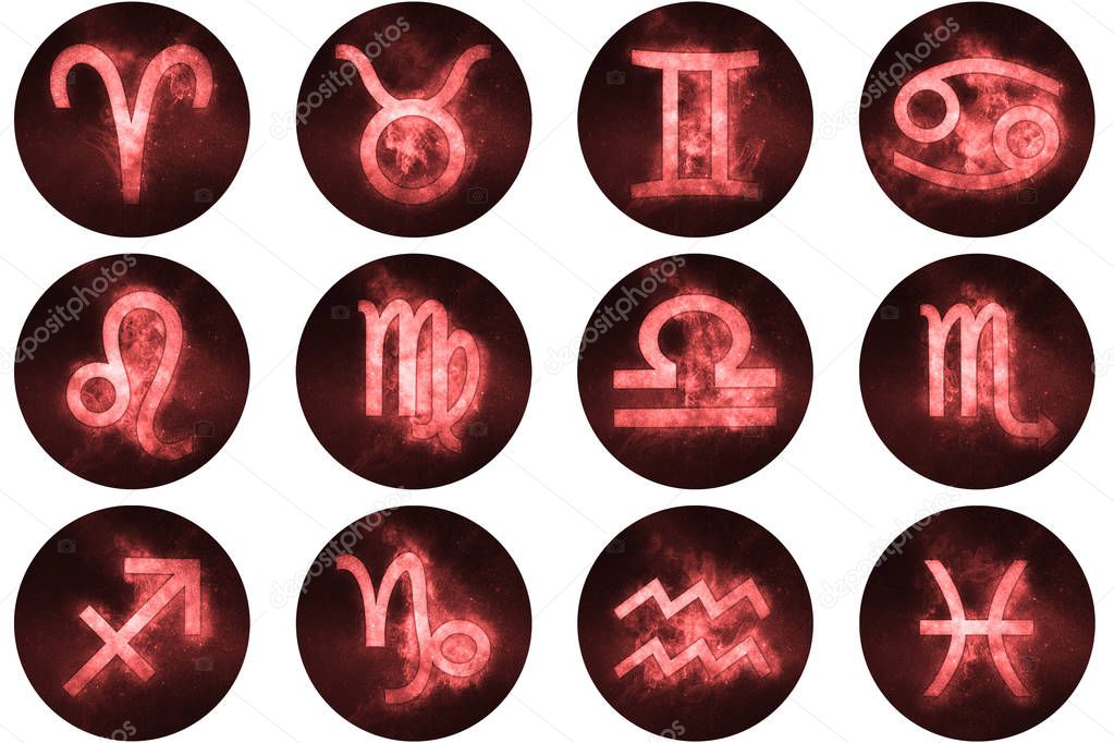 Zodiac signs buttons. Set of horoscope symbols, astrology icons 