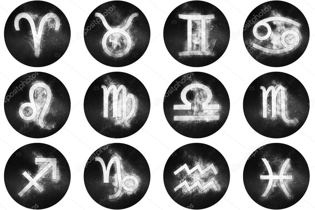 Zodiac signs buttons. Set of horoscope symbols, astrology icons 
