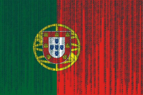 Dataskydd Portugal flagga. Portugal flagga med binär kod. — Stockfoto