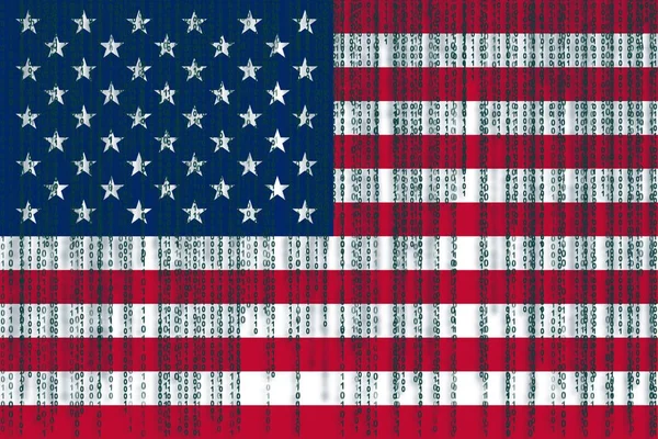 Proteção de dados Bandeira dos EUA. Bandeira americana com código binário . — Fotografia de Stock