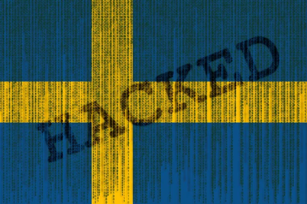 Data Hacked Bandera de Suecia. Bandera de Suecia con código binario . — Foto de Stock