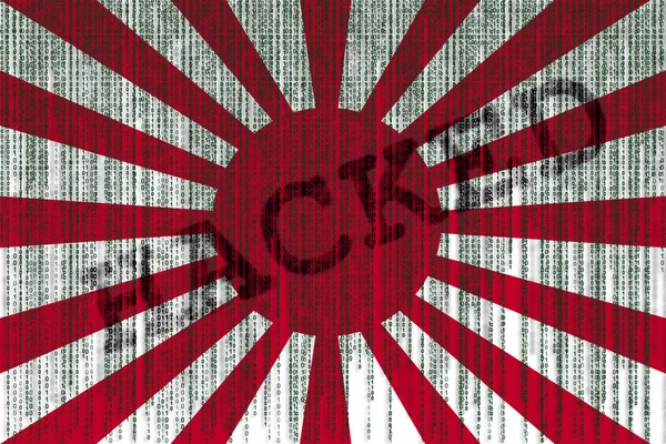 Data hackerato bandiera Sol Levante Giappone. Bandiera Giappone con codice binario . — Foto Stock