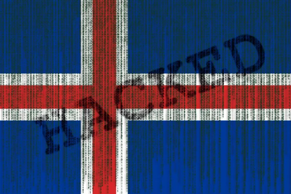 Data Hacked Bandera de Islandia. Bandera de Islandia con código binario . — Foto de Stock