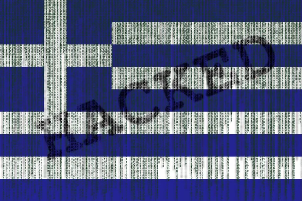 Data Hacked bandera de Grecia. Bandera de Grecia con código binario . —  Fotos de Stock
