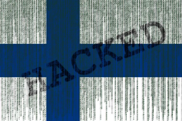 Data Hacked Bandera de Finlandia. Bandera de Finlandia con código binario . — Foto de Stock