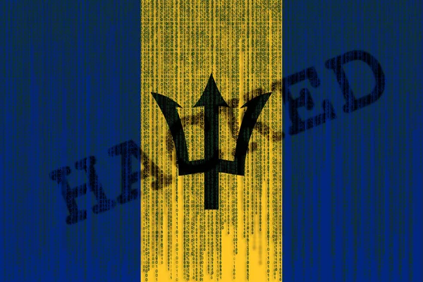 Bandera de Barbados hackeada. Bandera de Barbados con código binario . —  Fotos de Stock