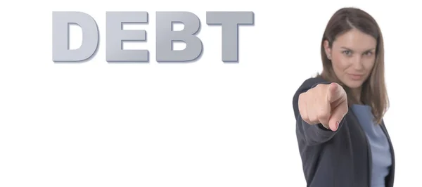 Business Woman pointing the text DEBT Business Concept. — Stock Photo, Image