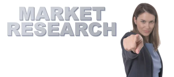Obchodní žena ukazující text průzkum trhu koncepce obchodního konceptu. — Stock fotografie