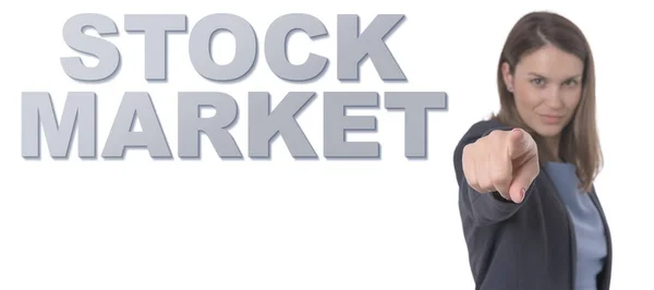 Mulher de negócios apontando o texto STOCK MARKET CONCEITO Conceito de Negócio . — Fotografia de Stock