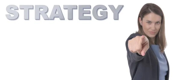 Geschäftsfrau zeigt den Text Strategie Konzept Geschäftskonzept. — Stockfoto