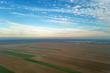 Havadan görünümü bulutlar üzerinde yeşil tarım alanları üzerinde.