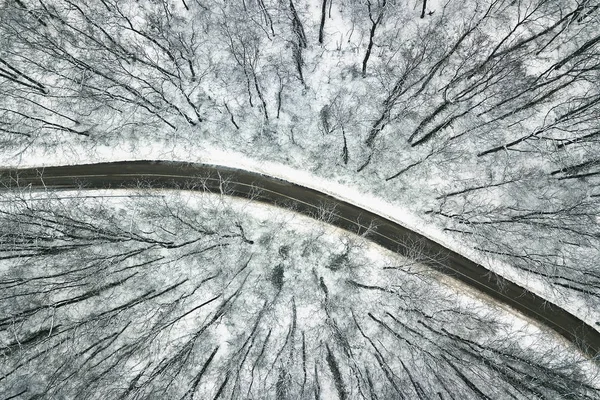 Снежный лес с дорогой. Вид с воздуха . — стоковое фото