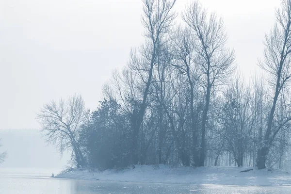 Bevroren meer in het bos. wintermeer onder sneeuw — Stockfoto