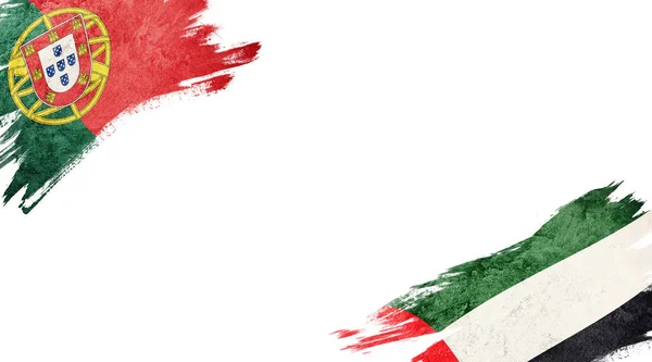 Bandeiras de Portugal e Emirados Árabes Unidos sobre fundo branco — Fotografia de Stock