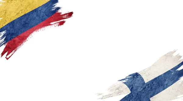 Bandeiras da Colômbia e da Finlândia sobre fundo branco — Fotografia de Stock