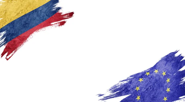 Flaggen von Kolumbien und der Europäischen Union auf weißem Hintergrund — Stockfoto