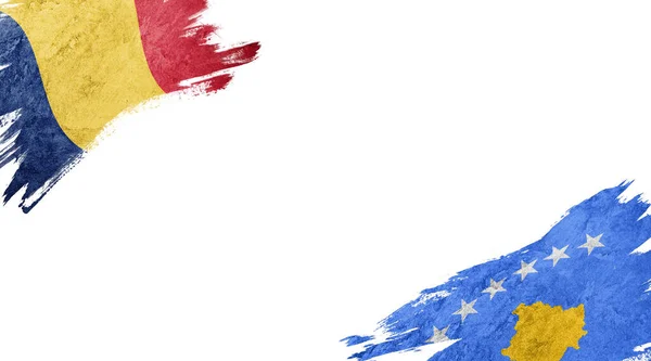Flags of Romania and Kosovo on white background — Stockfoto