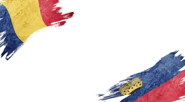 Flags of Romania and Liechtenstein on white background — Stok fotoğraf