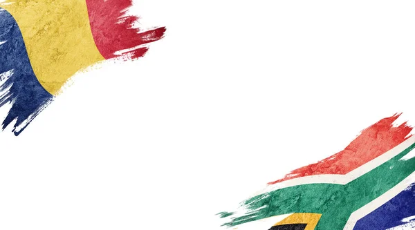 Drapeaux de la Roumanie et de l'Afrique du Sud sur fond blanc — Photo
