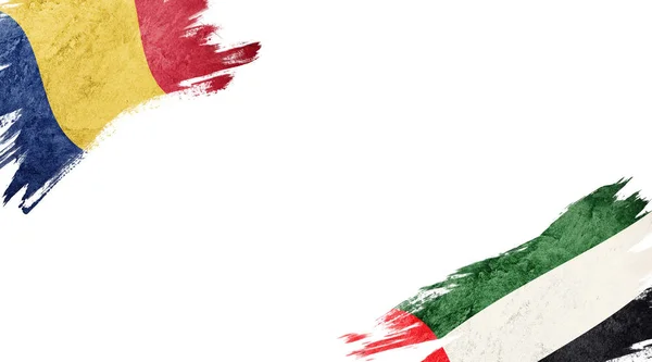 Bandiere della Romania e degli Emirati Arabi Uniti su sfondo bianco — Foto Stock