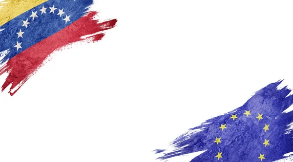 Bandeiras da Venezuela e da Europa União sobre fundo branco — Fotografia de Stock