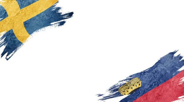 Bandeiras da Suécia e do Liechtenstein sobre fundo branco — Fotografia de Stock