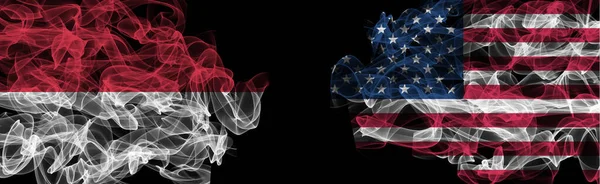 Bandiere di Indonesia e USA su sfondo nero, Indonesia vs USA — Foto Stock