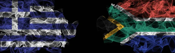 Flags of Greece and South Africa on Black background, Greece vs South Africa Smoke Flag