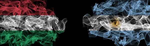 Flags of Hungary and Argentina on Black background, Hungary vs Argentina Smoke Flag