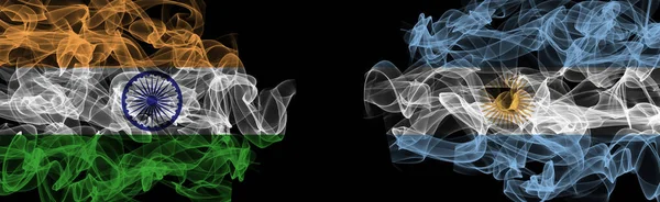 Прапори Індії Аргентини Чорному Тлі Індія Проти Аргентини Smoke Flag — стокове фото
