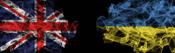 Flags of Union Jack and Ukraine on Black background, Union Jack vs Ukraine Smoke Flag