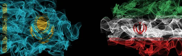Прапори Казахстану Ірану Чорному Тлі Казахстан Проти Іранського Прапора Диму — стокове фото
