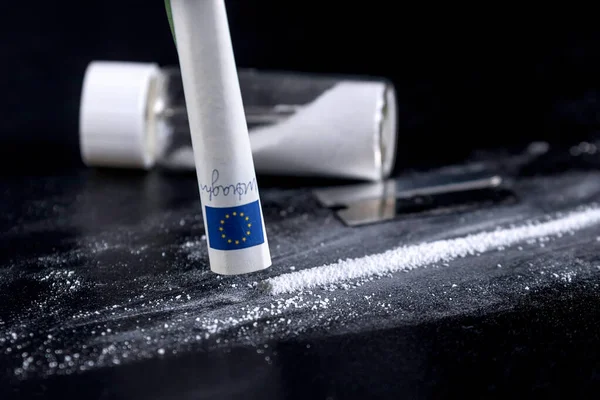Cocaína Que Huele Cerca Billete Enrollado Para Inhalar Cocaína Cocaína — Foto de Stock