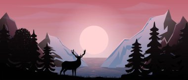 Vektör çizimi. Manzara. Dağlar. Orman. Geyik. Gün batımı ya da şafak.