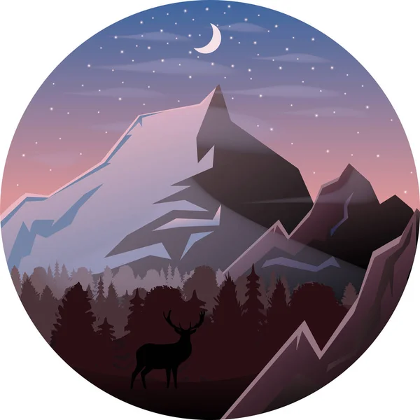 Paysage Montagneux Vecteur Premium Coloré Silhouette Cerf Forest Lune — Image vectorielle