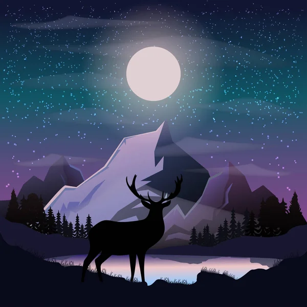 Paysage Nocturne Vectoriel Montagnes Forêt Cerfs Ciel Étoilé Illustration Colorée — Image vectorielle