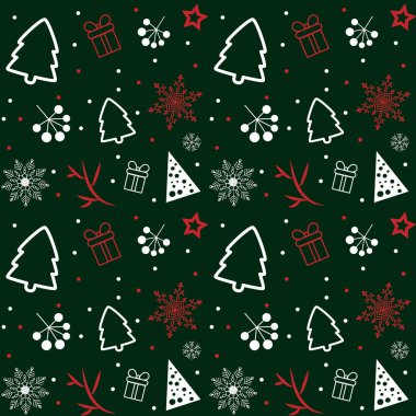 Kırmızı ve beyaz elementlerle koyu yeşil, pürüzsüz arka plan deseni. Vektör. Noel zamanı. Yeni yıl. Noel ağacı, kar taneleri, hediyeler.