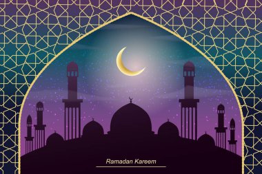 Ramazan Kareem, ay ve desenli arka plan. Caminin silueti. Vektör çizimi. Bayram Mübarek tebrik kartı.